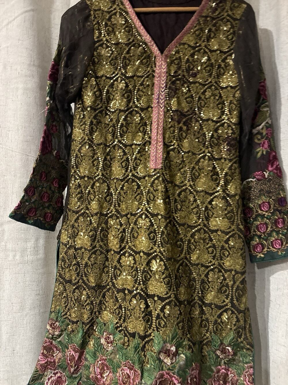 Pakistani Indian Salwar Kameez Asian Ready To Wear Size S 4-6 Beaded Flower Gold